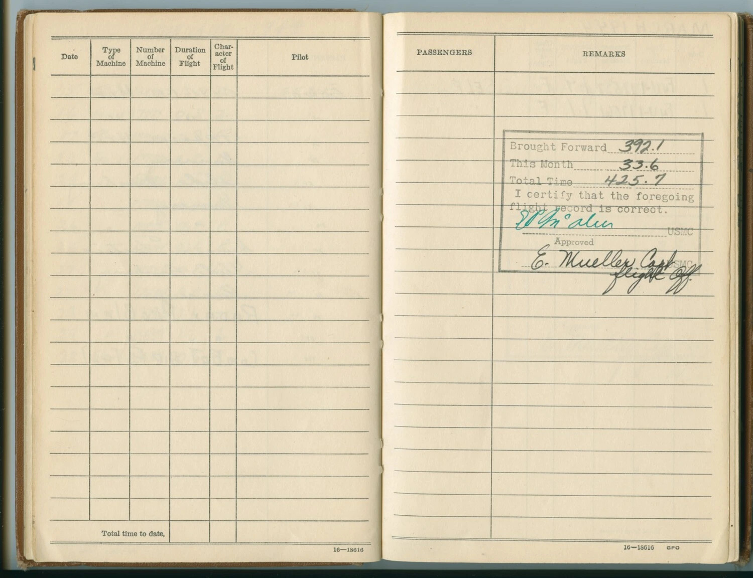USMC Aviator's Flight Log Book - Monthly Hours Summary and Certification Page, McAleer Collection (1942-1948)
