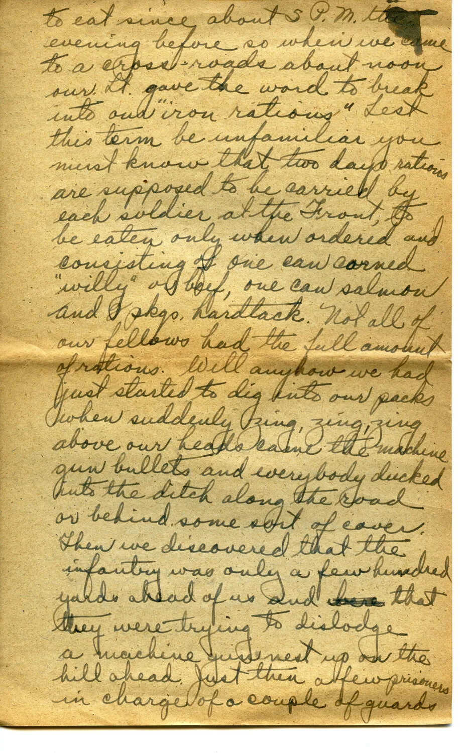 Handwritten WWI Letter Page, Pvt. Willis W. Wagener - Combat Narrative Describing Iron Rations and Machine Gun Fire