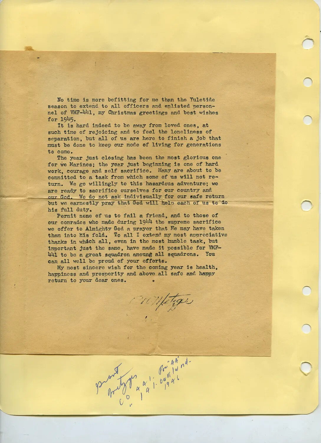 Christmas Message to Officers and Men of VMF-441, 1944-1945