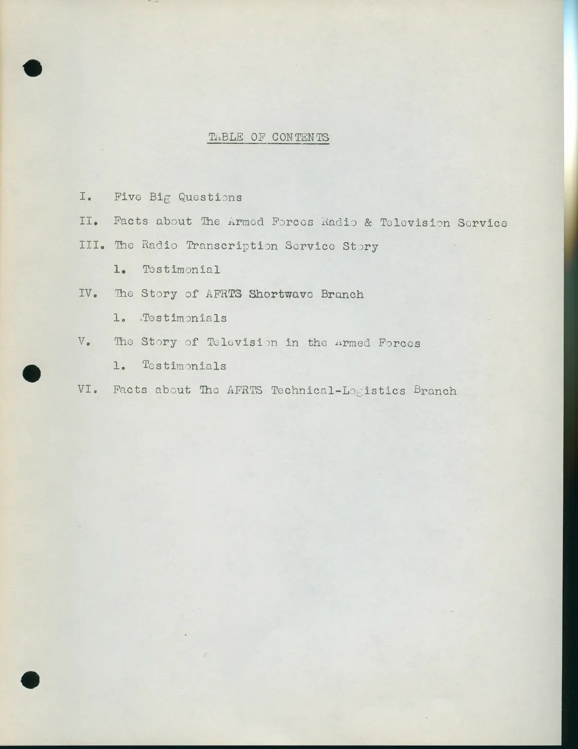 Table of Contents Page, Armed Forces Radio and Television Service (AFRTS) Booklet