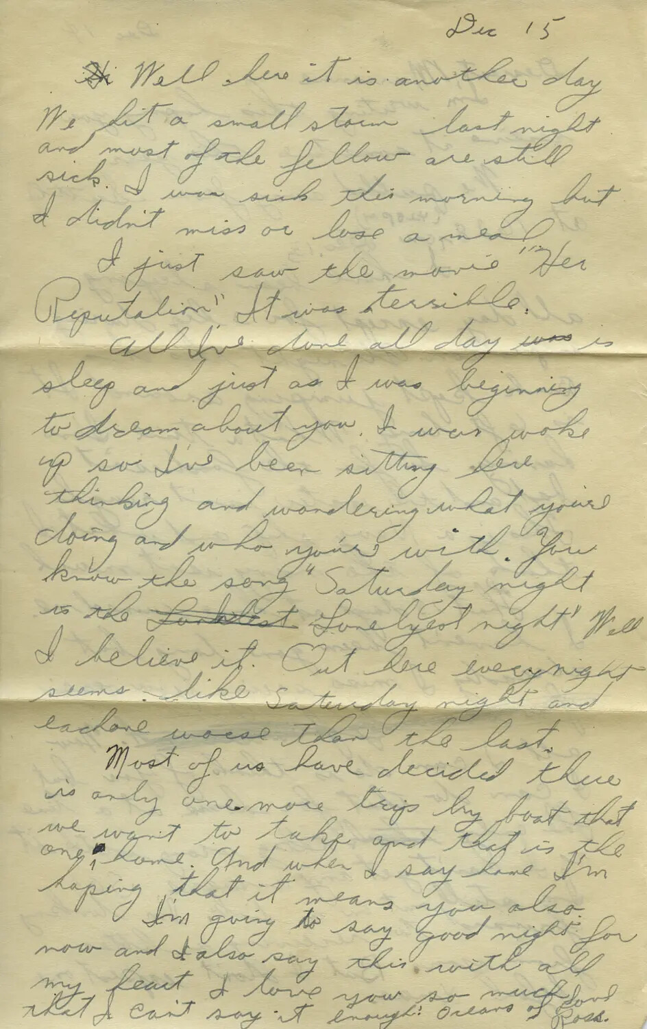 Handwritten Love Letter from Ross, Dated December 15 - WWII Moon Sammiet Letter Collection