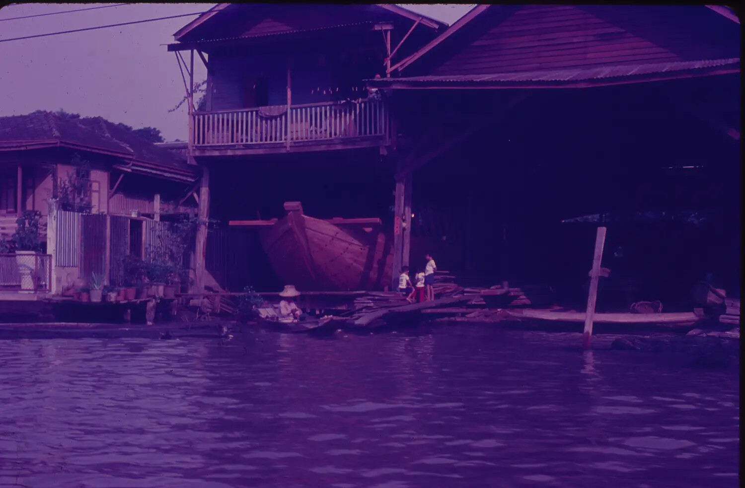 Boatyard and Stilt Houses Along a Klong, Likely Bangkok, Thailand — 1965 Vietnam-Era Serviceman's Slide Collection