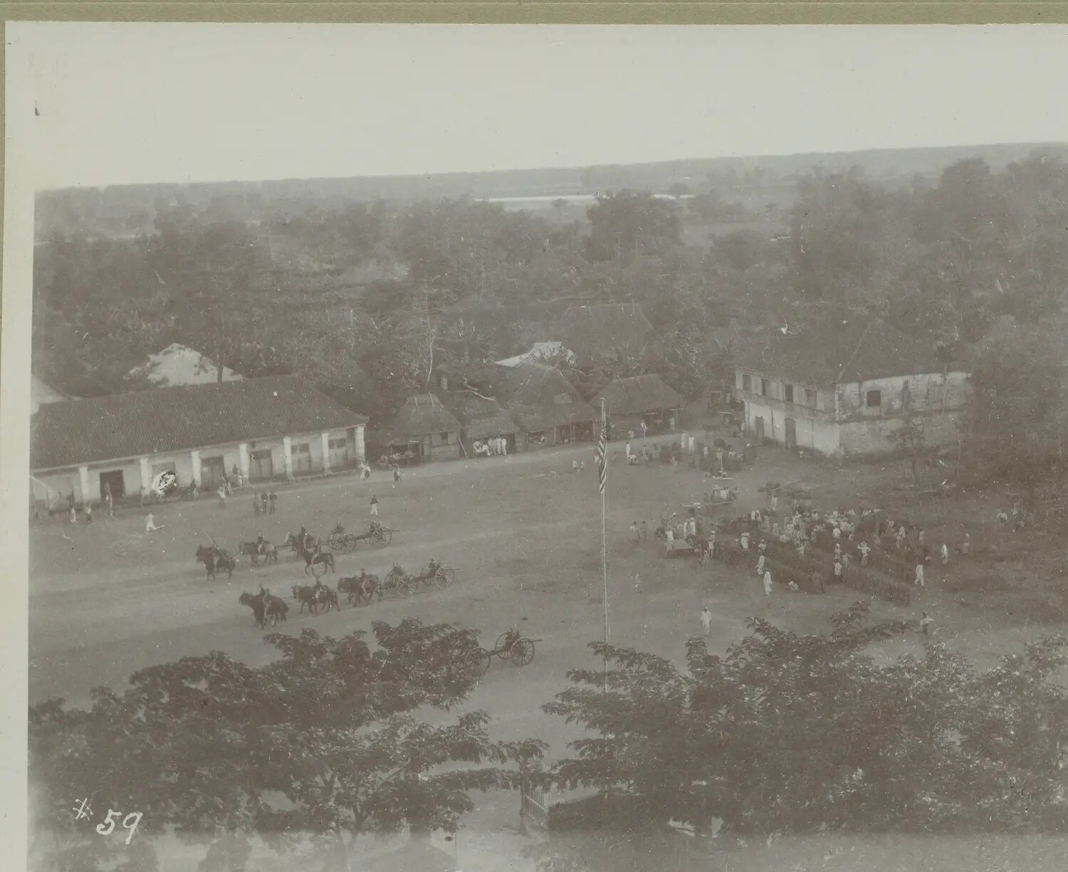 U.S. Army Artillery Teams and Market Gathering in Town Plaza, Philippines, c. 1898-1902