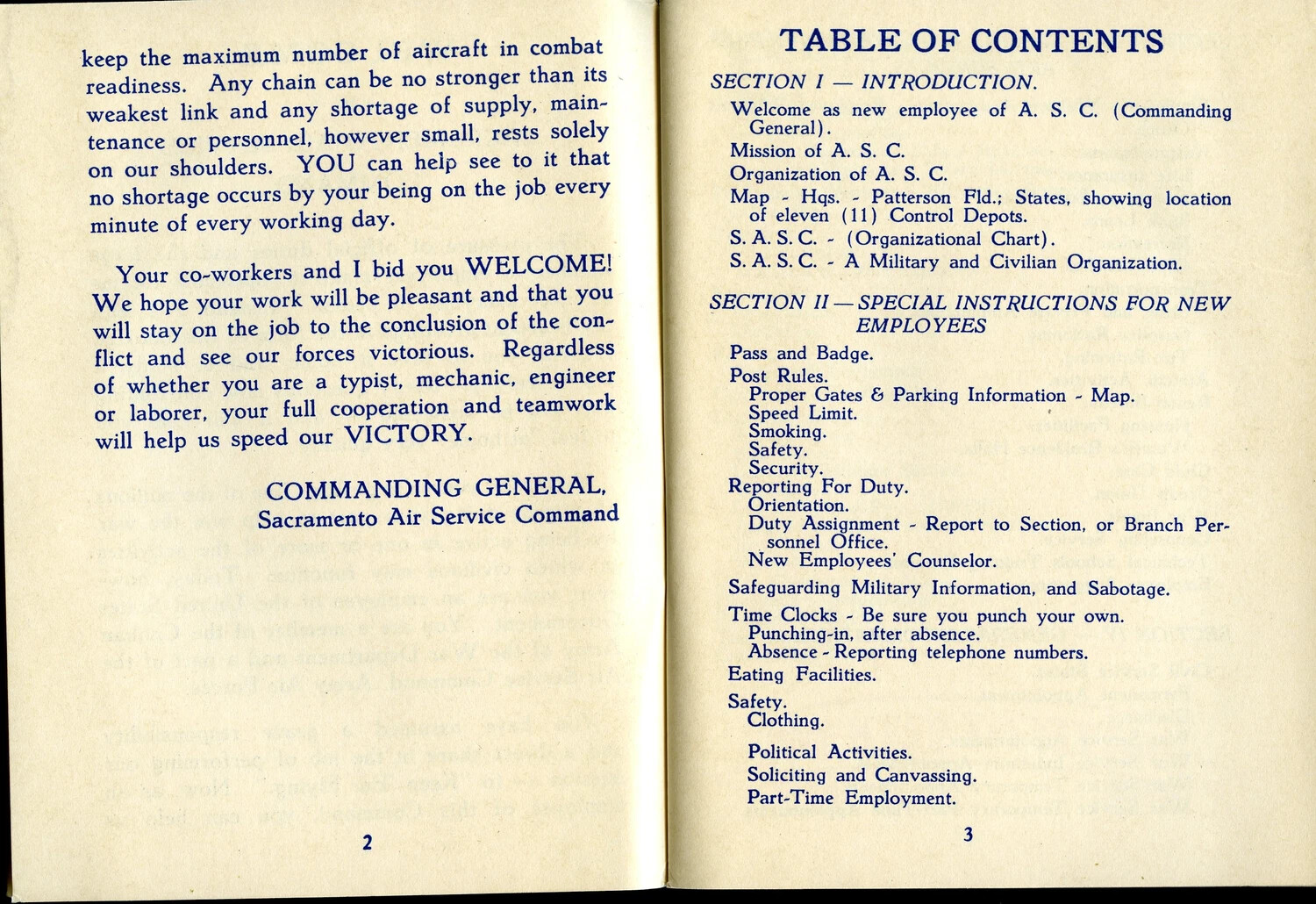 McClellan Field Personal Guide Booklet, Pages 2-3 -- Welcome Message and Table of Contents