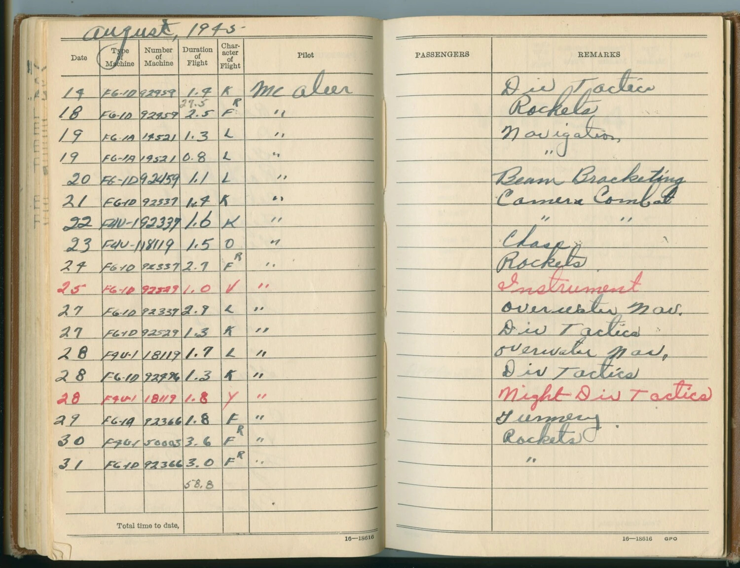 Pilot McAleer's Flight Log Book, August 1945 — F6F Hellcat and F4U Corsair Training Sorties
