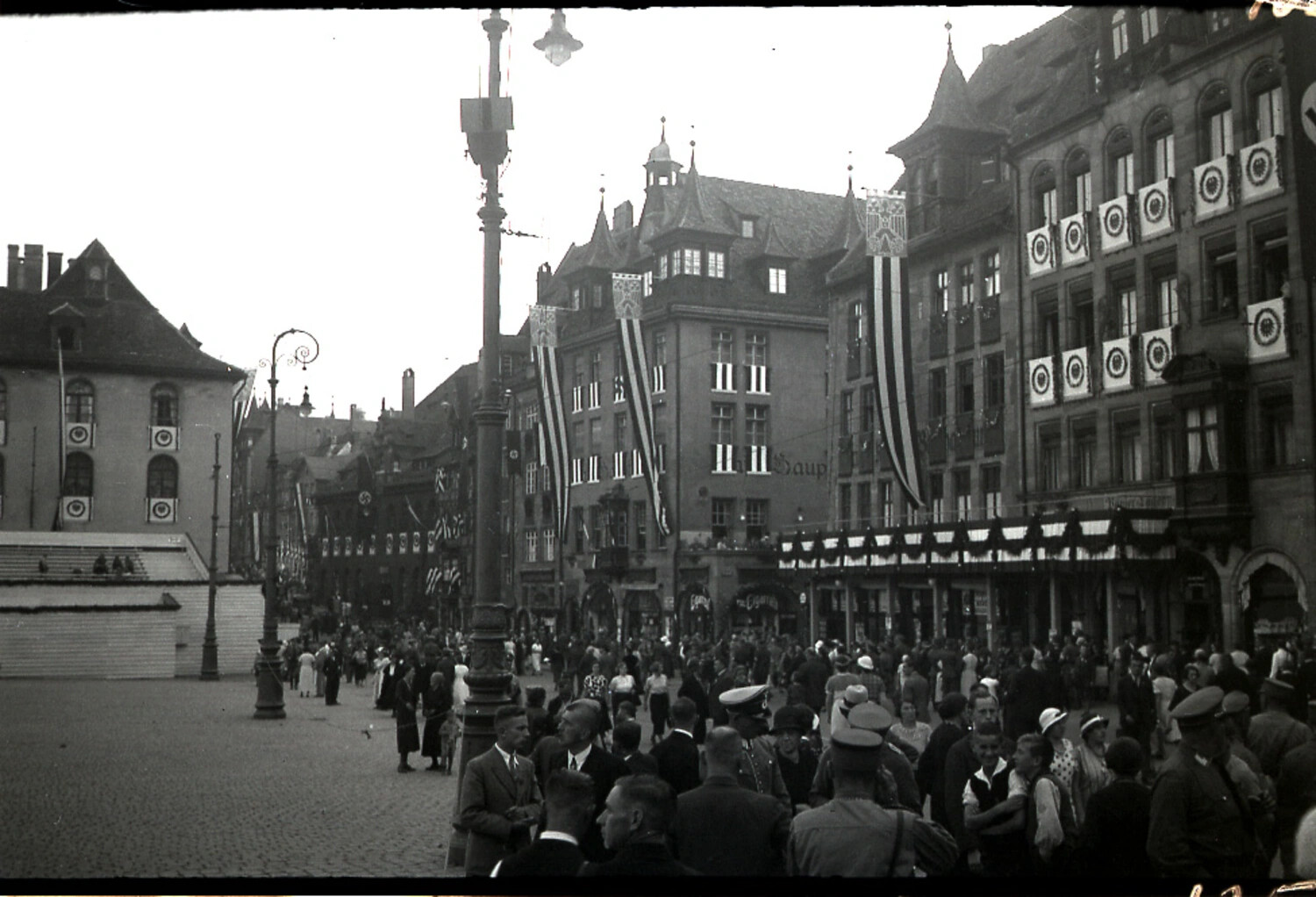 Full-Frame Negative: Decorated German Market Square with Crowds, Possibly Nuremberg, 1930s