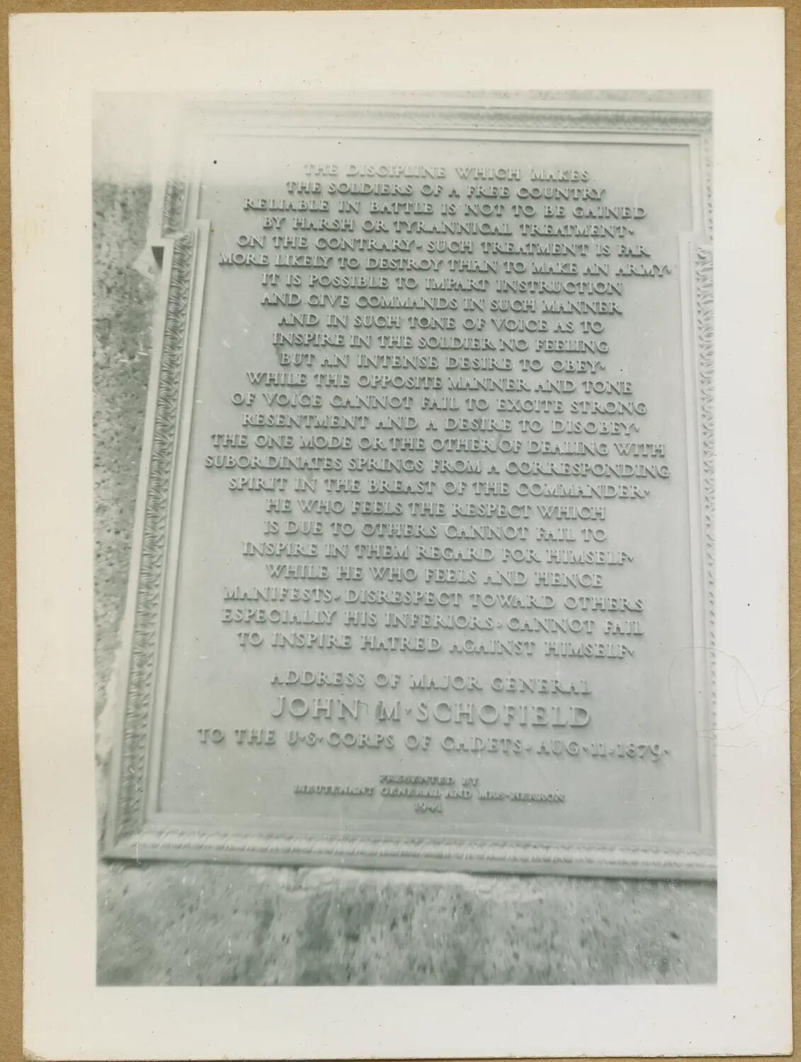Memorial Plaque with Gen. John M. Schofield's Address on Discipline, Schofield Barracks, Hawaii
