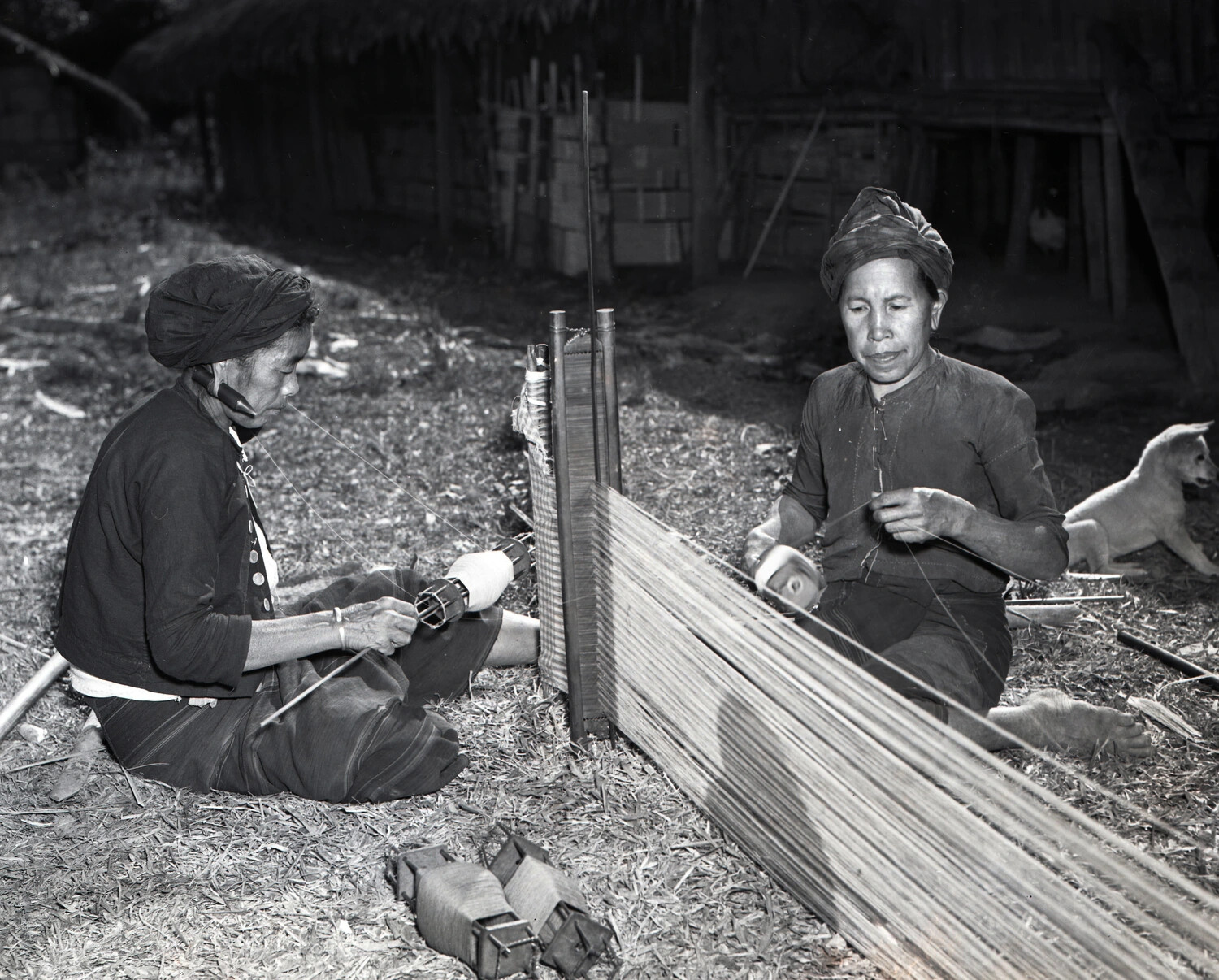 Local Women Preparing Loom Warp Threads, Burma, WWII CBI Theater Collection