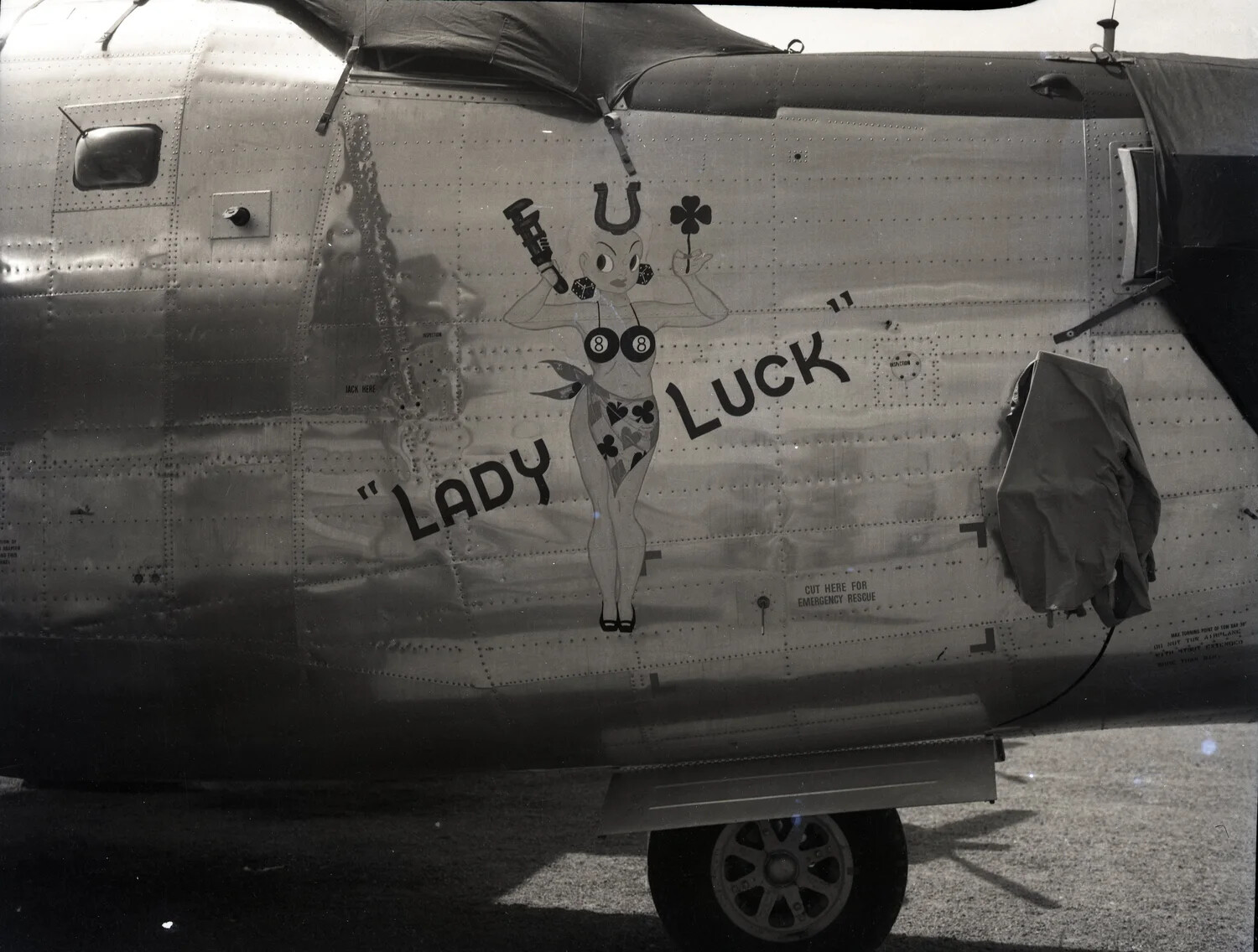 Nose Art "Lady Luck" on B-25 Mitchell Medium Bomber Fuselage, 345th Bombardment Group, Ie Shima, 1945