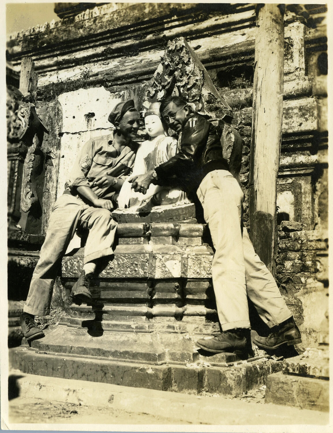 American Servicemen Posing with Buddha Statue at Ruined Temple, Myitkyina, Burma, WWII (Meroff and McLoughlin)