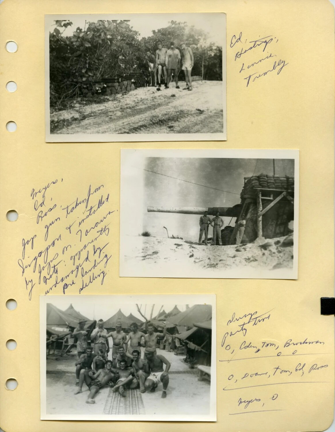 Photo Album Page: US Servicemen with Captured Japanese Coastal Gun and Camp Snapshots, Likely Tarawa (McAleer Collection)
