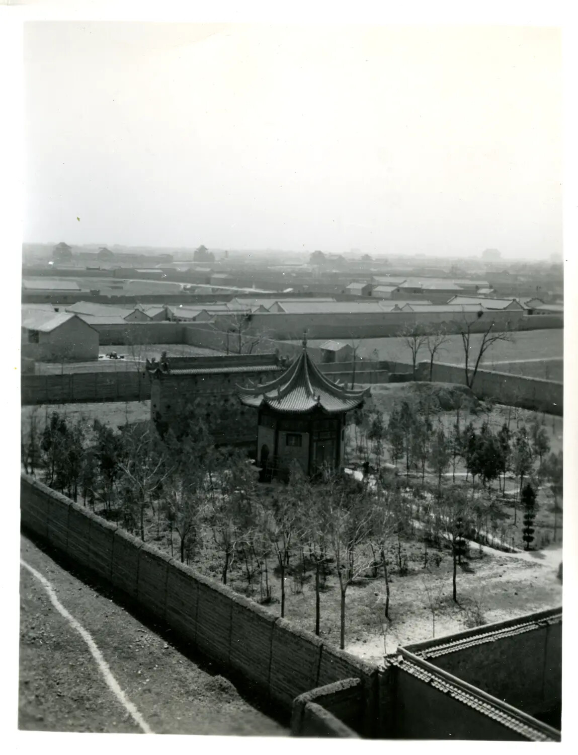 Elevated View of a Chinese Walled Gate Tower and Temple Grounds, WWII China-Burma-India Theater