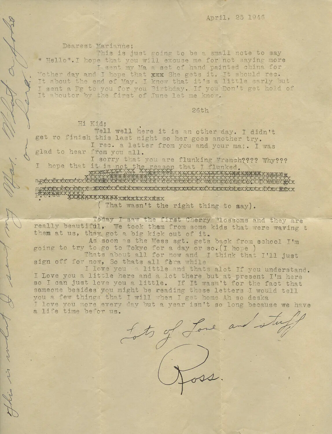 Typed Letter from Ross Moon to Marianne Sammiet, Occupied Japan, April 25-26, 1946