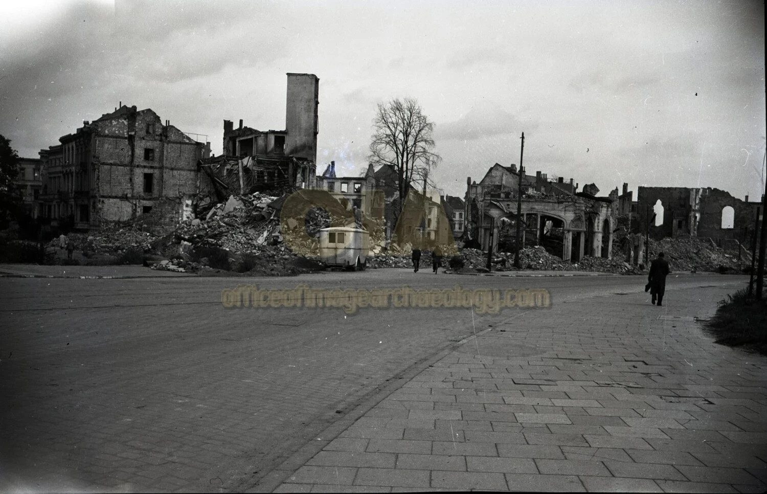 Bomb-Devastated City Intersection with Civilians, Bremerhaven, Germany, Post-WWII