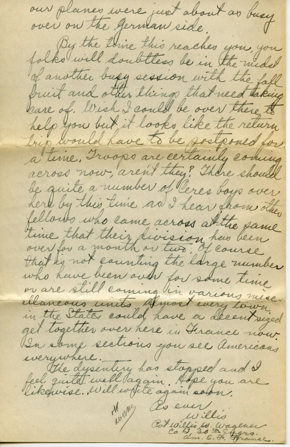 WWI Letter from Pvt. Willis W. Wagener, Co. D, 30th Engineers, A.E.F., France – Page G