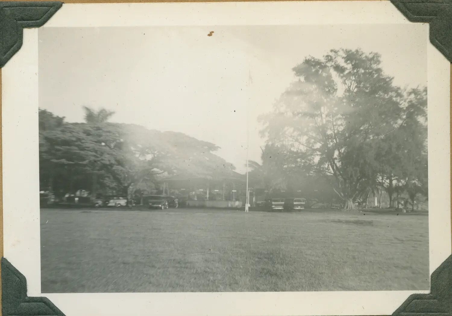 Lawn, Flagpole, and Parked Automobiles at a Hawaiian Military Installation, WWII Era