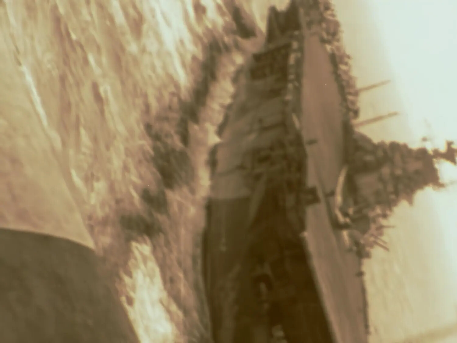 Blurred Film Still Possibly Depicting IJN Yamato or Allied Warship Under Attack, WWII Pacific Theater (Ferry Collection)