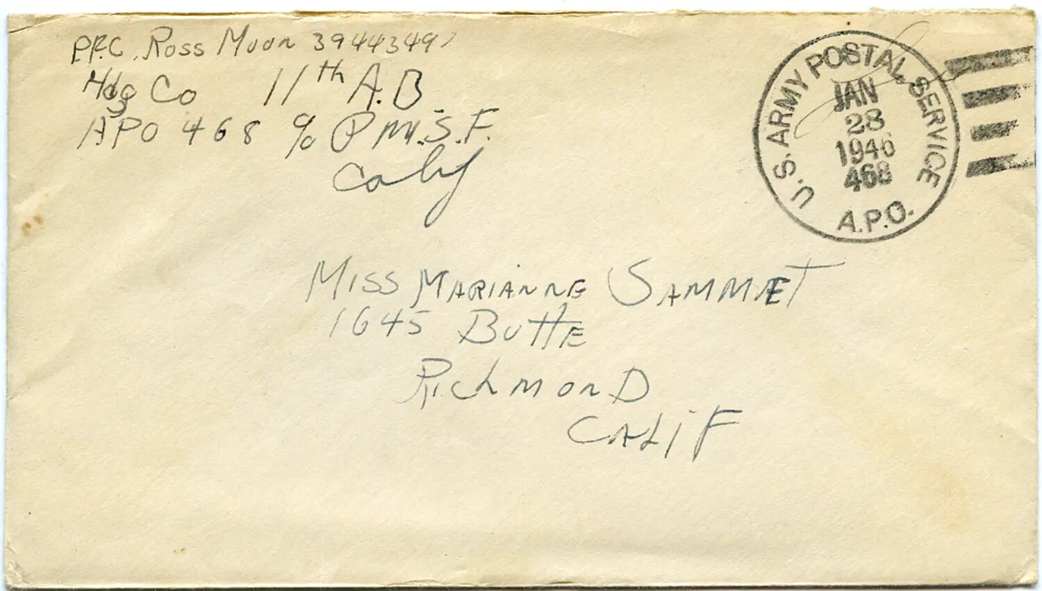 WWII-Era Military Mail Envelope, Pfc. Ross Moon, 11th Airborne Division, APO 468 (January 1946)