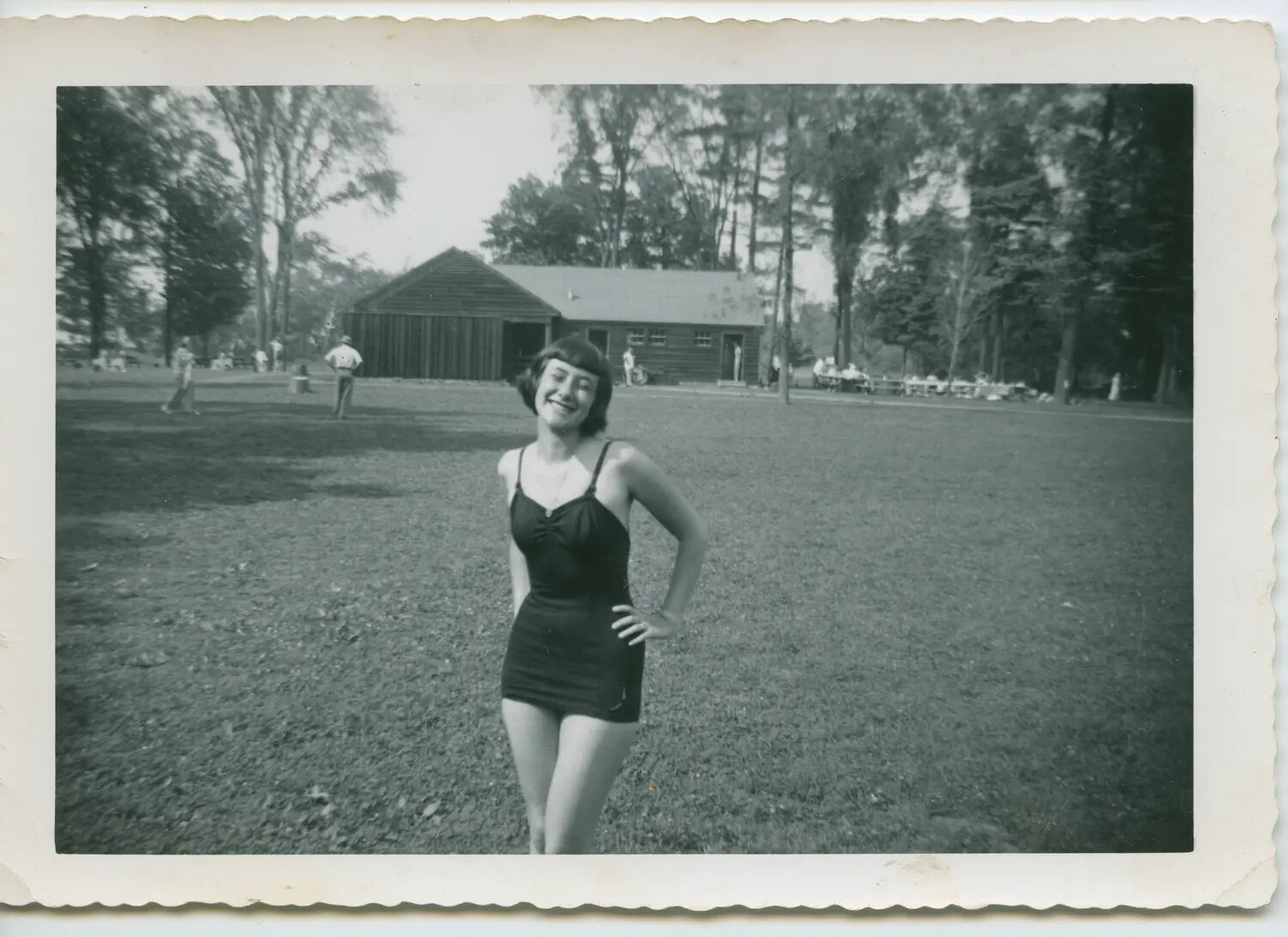 1951 Snapshot: Young Woman in Bathing Suit at Wescott Beach Park Pavilion