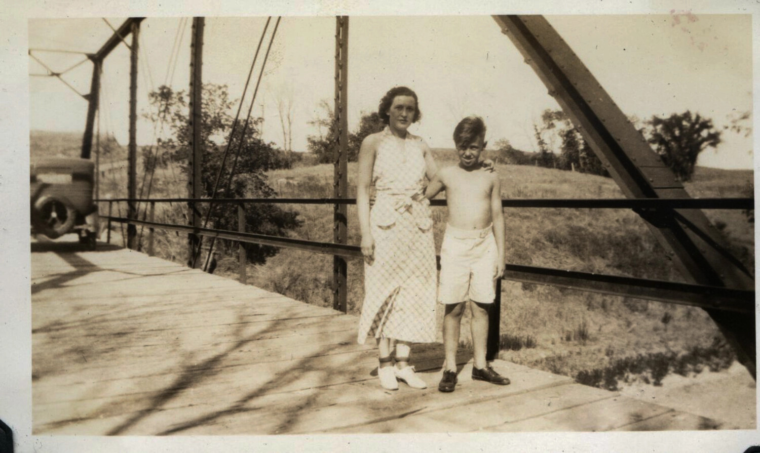 Woman and Boy on Truss Bridge, Civilian Family Snapshot, circa 1930s