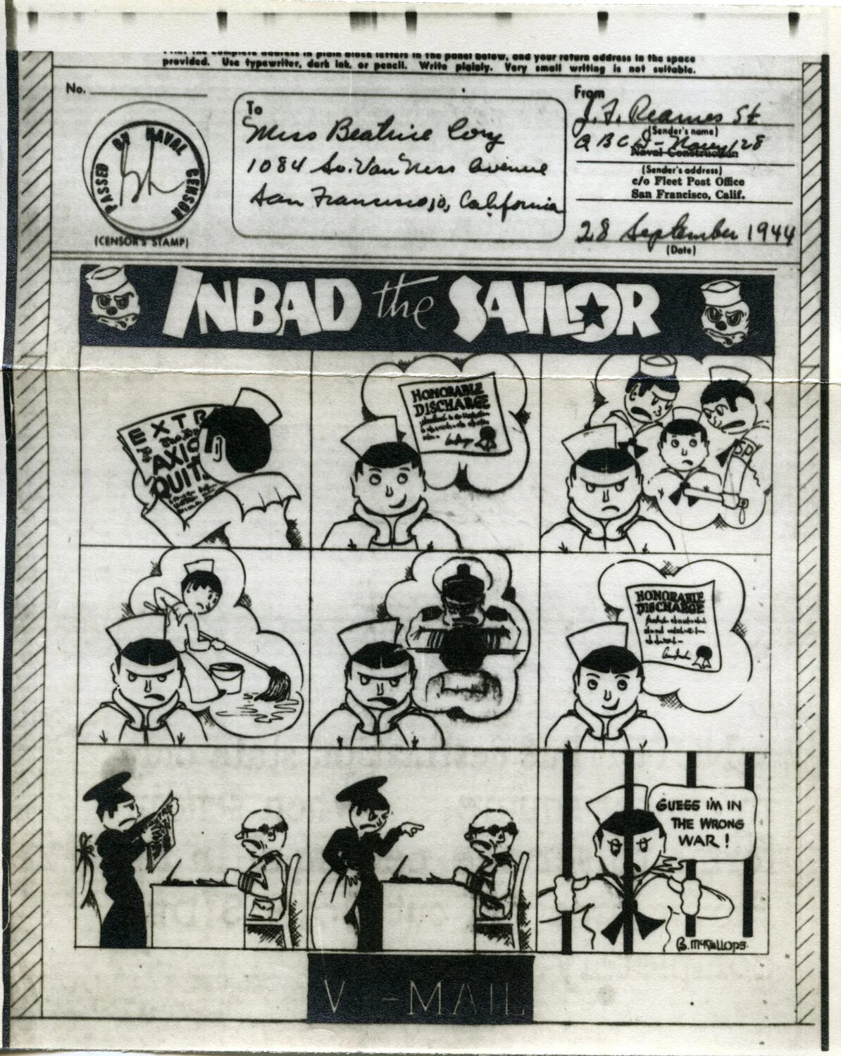 V-Mail Comic Strip: 'Inbad the Sailor' - Nine-Panel Wartime Gag Strip, 28 September 1944