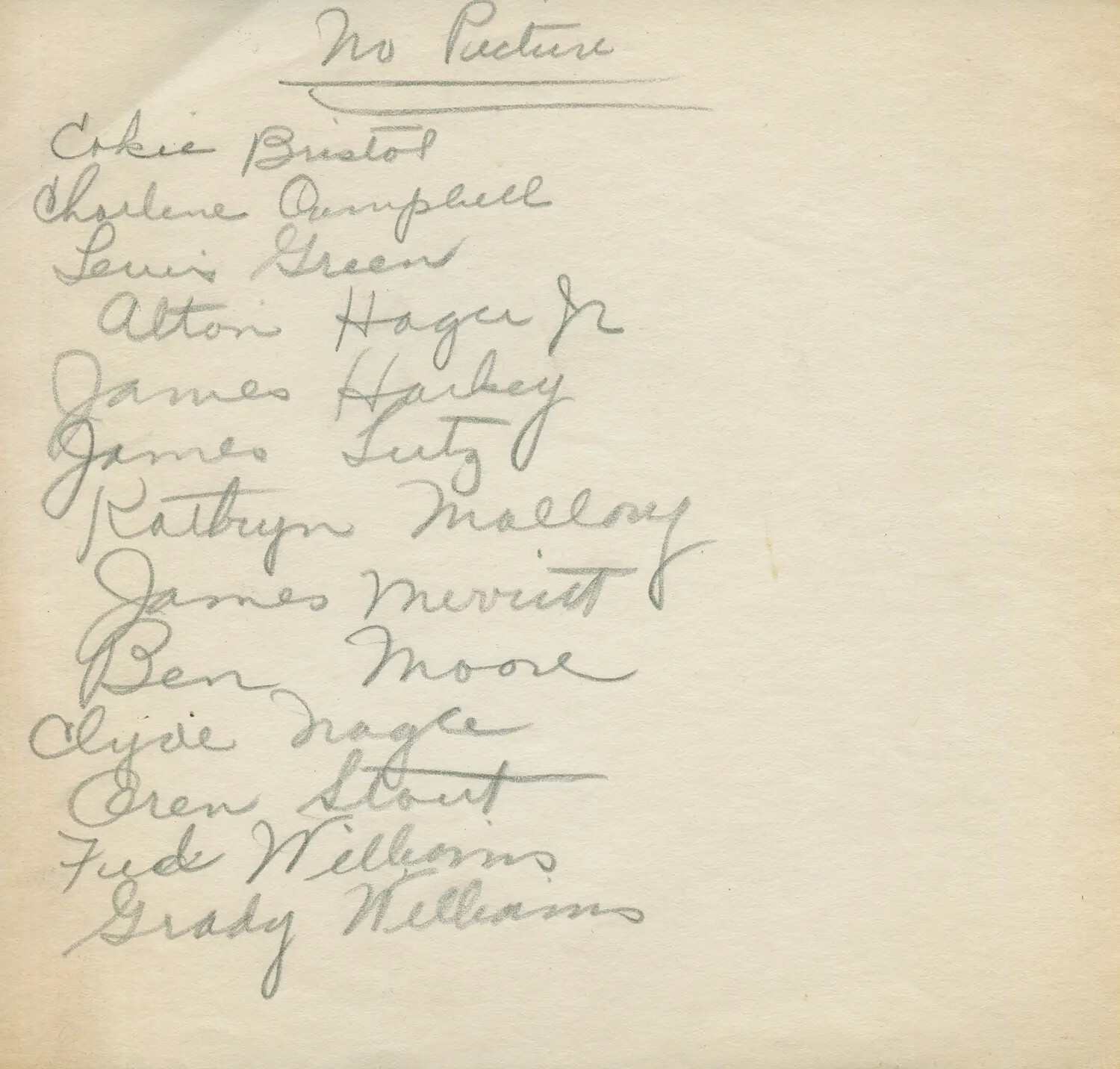 Handwritten Name Roster, 'No Picture,' Navy V-5 Photo Album