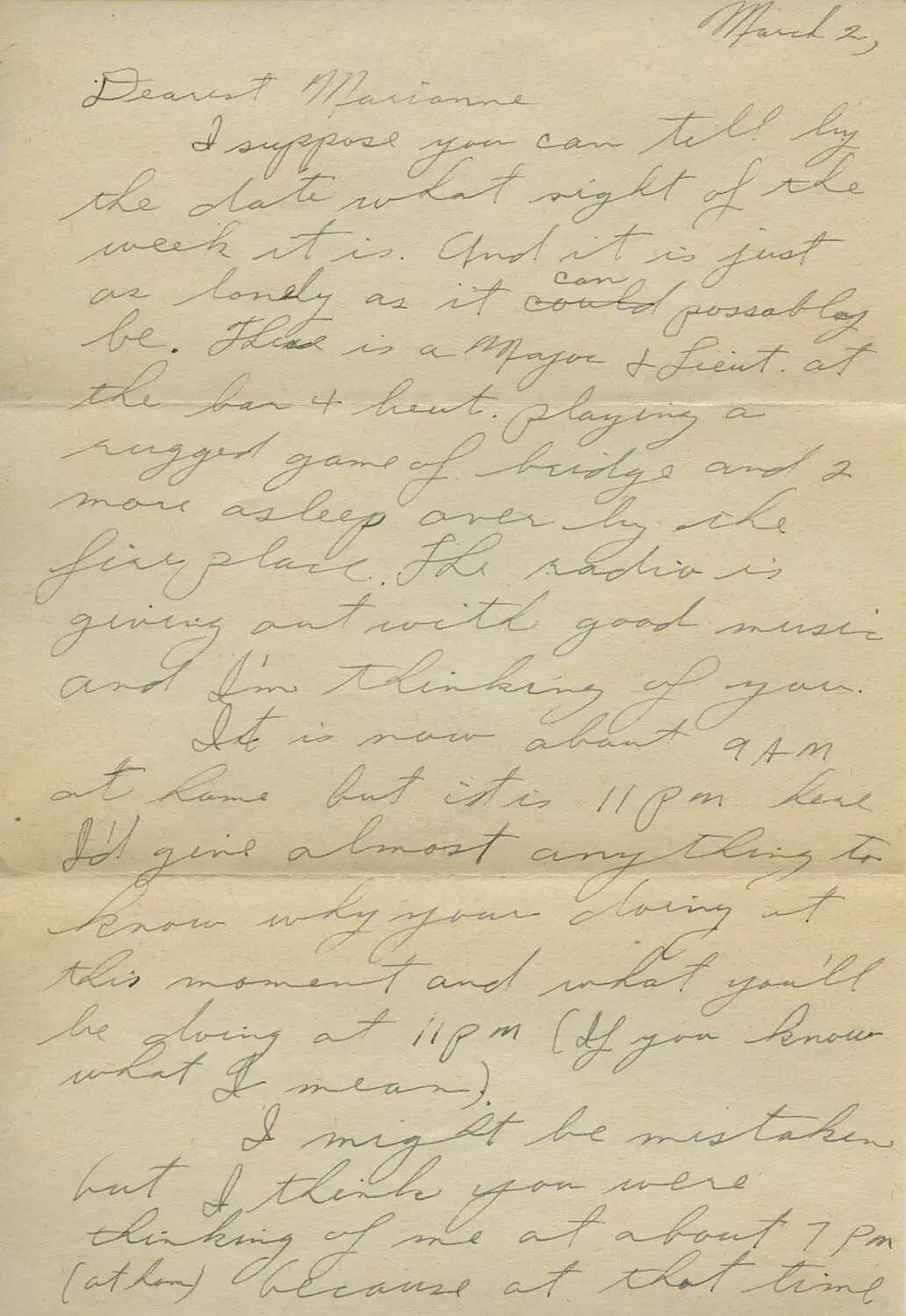Handwritten Wartime Letter to 'Dearest Marianne,' Dated March 2 -- WWII Personal Correspondence