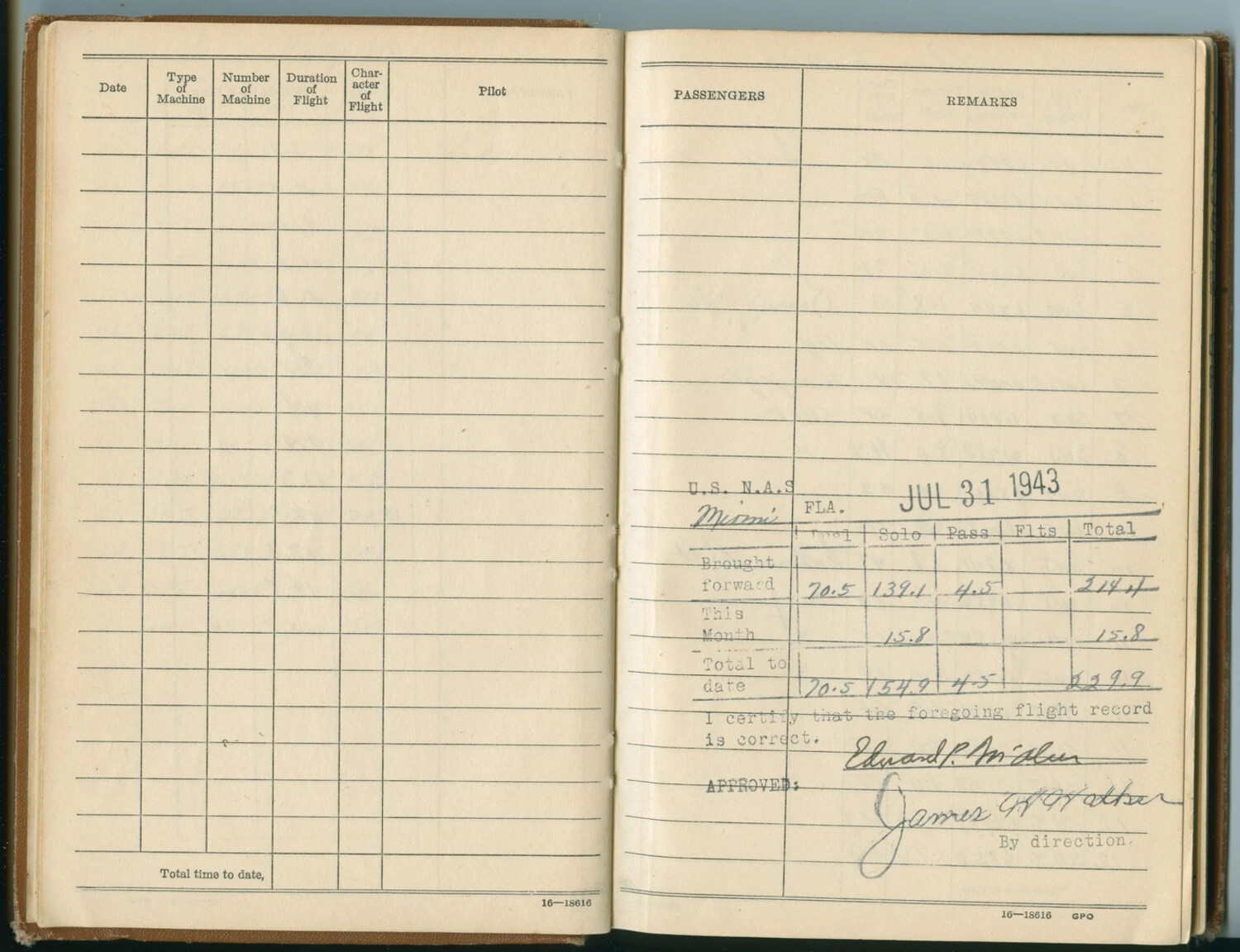Pilot Flight Log Book of Capt. Edward P. McAleer - Monthly Summary, NAS Miami, Florida, July 1943