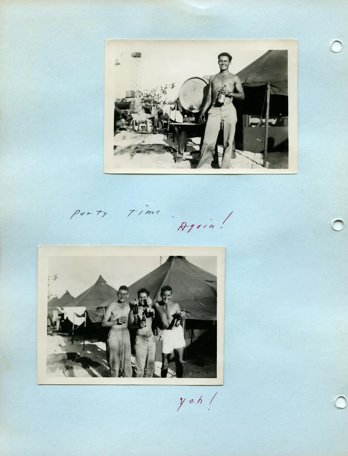Off-Duty Servicemen Celebrating at Tented Camp, McAleer Album, WWII Pacific Theater