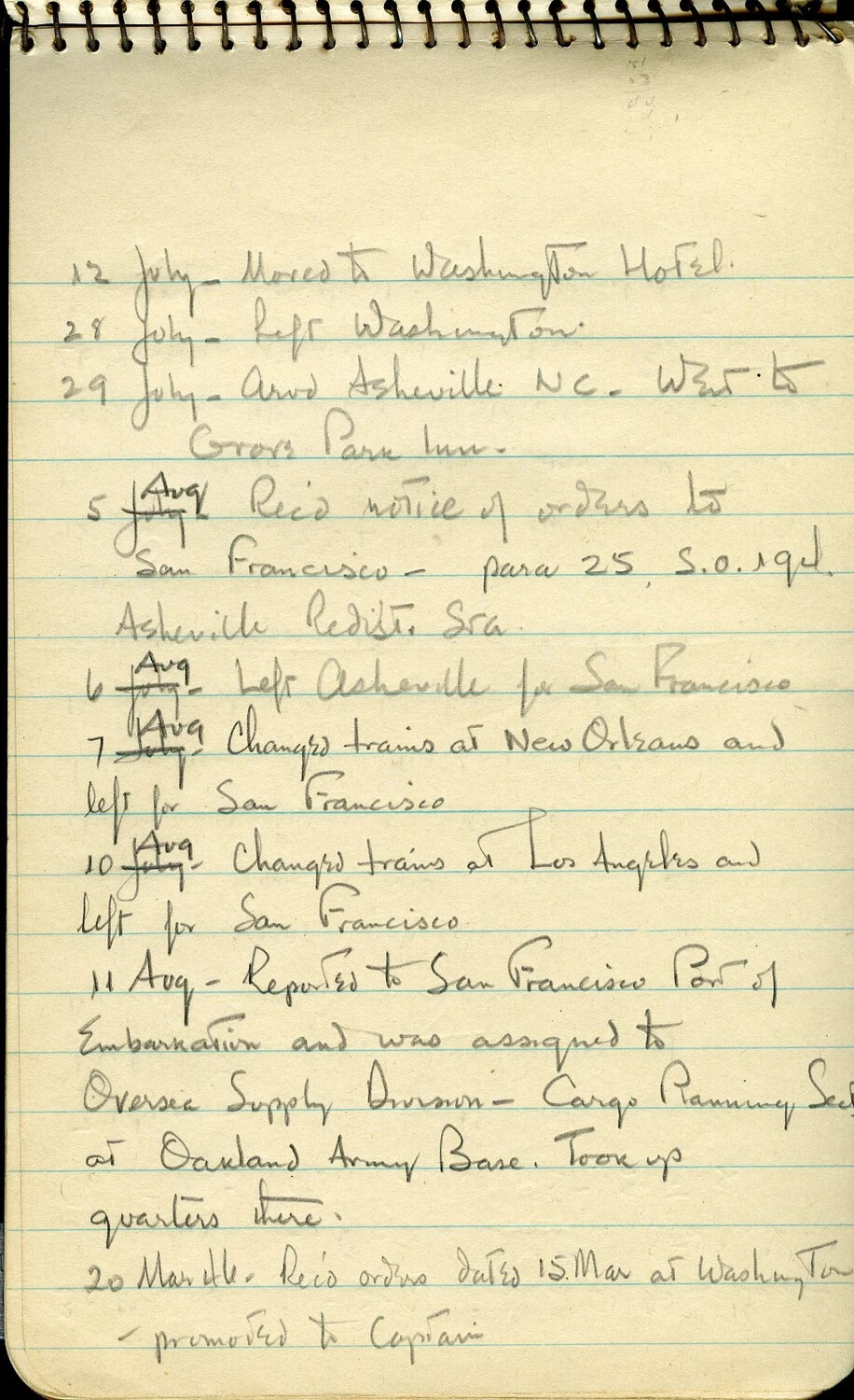 Handwritten Diary Page (Duplicate Scan): Stateside Travel, Asheville Redistribution Station, and Reassignment to Oakland Army Base, July 1945-March 1946