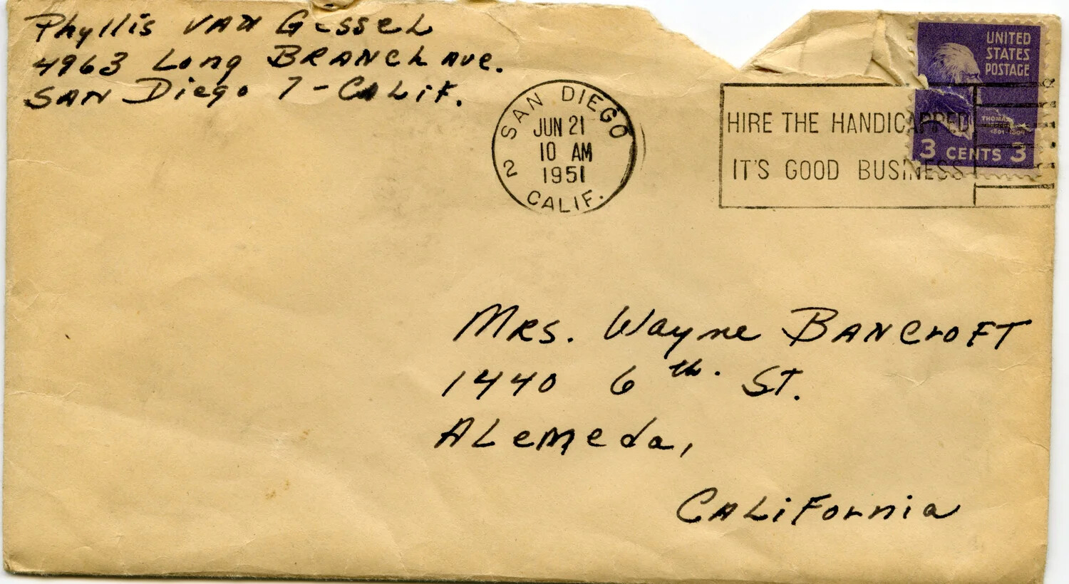 Postmarked Envelope Addressed to Mrs. Wayne Bancroft, San Diego to Alameda, California, June 21, 1951