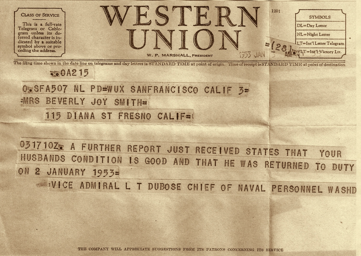 Western Union Telegram Reporting Husband's Return to Duty, January 1953 — Bancroft/Smith Korean War Collection