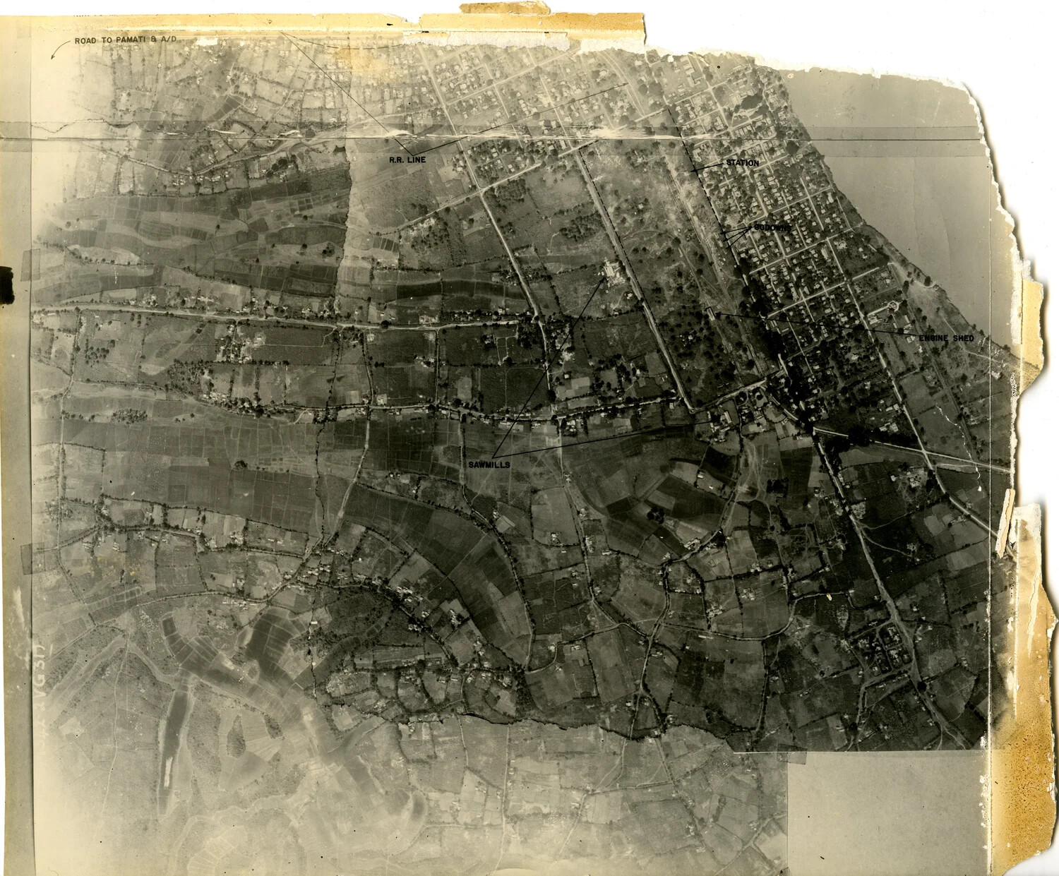 Annotated WWII Aerial Reconnaissance Photograph — Railway Town, Burma-China Theater
