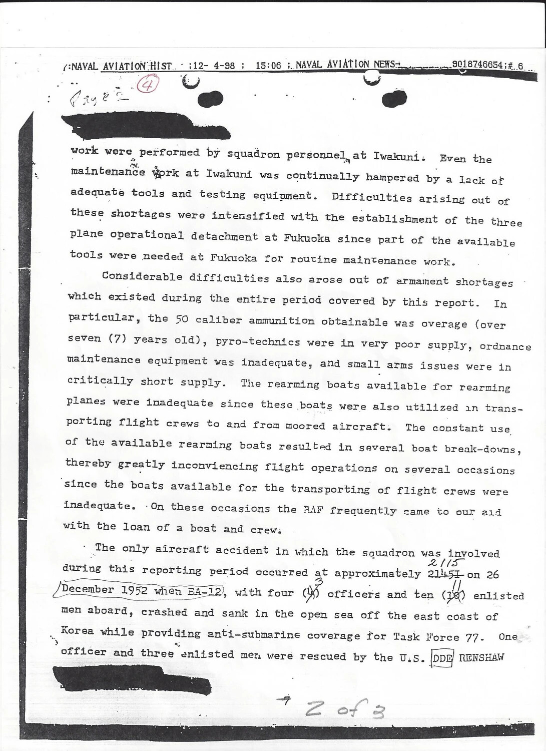 Typed Naval Squadron History Report Page — Korean War Era, Iwakuni/Fukuoka Operations and BA-12 Aircraft Loss (Bancroft Collection)