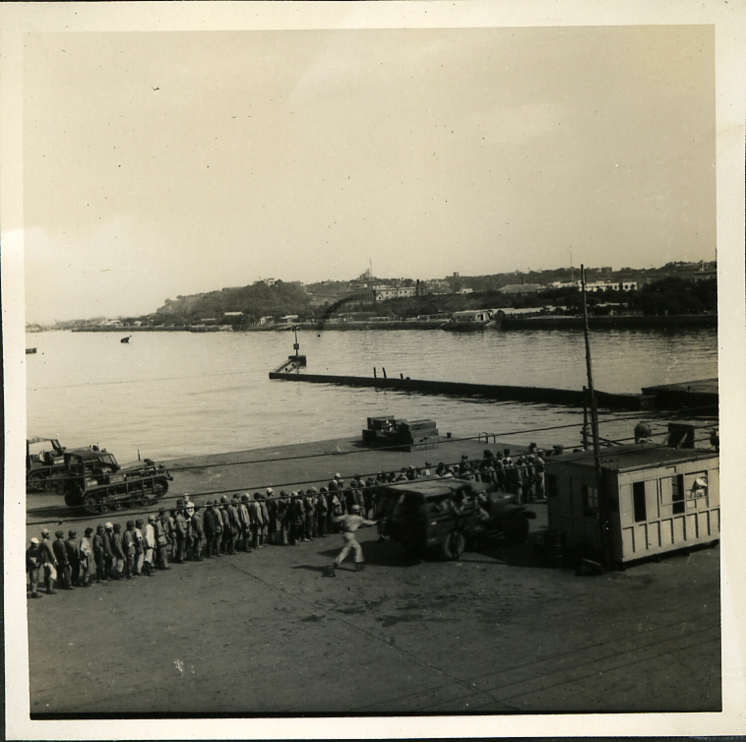 American Servicemen Queued at Japanese Harbor Pier, Post-WWII Occupation, Hiroshima Area