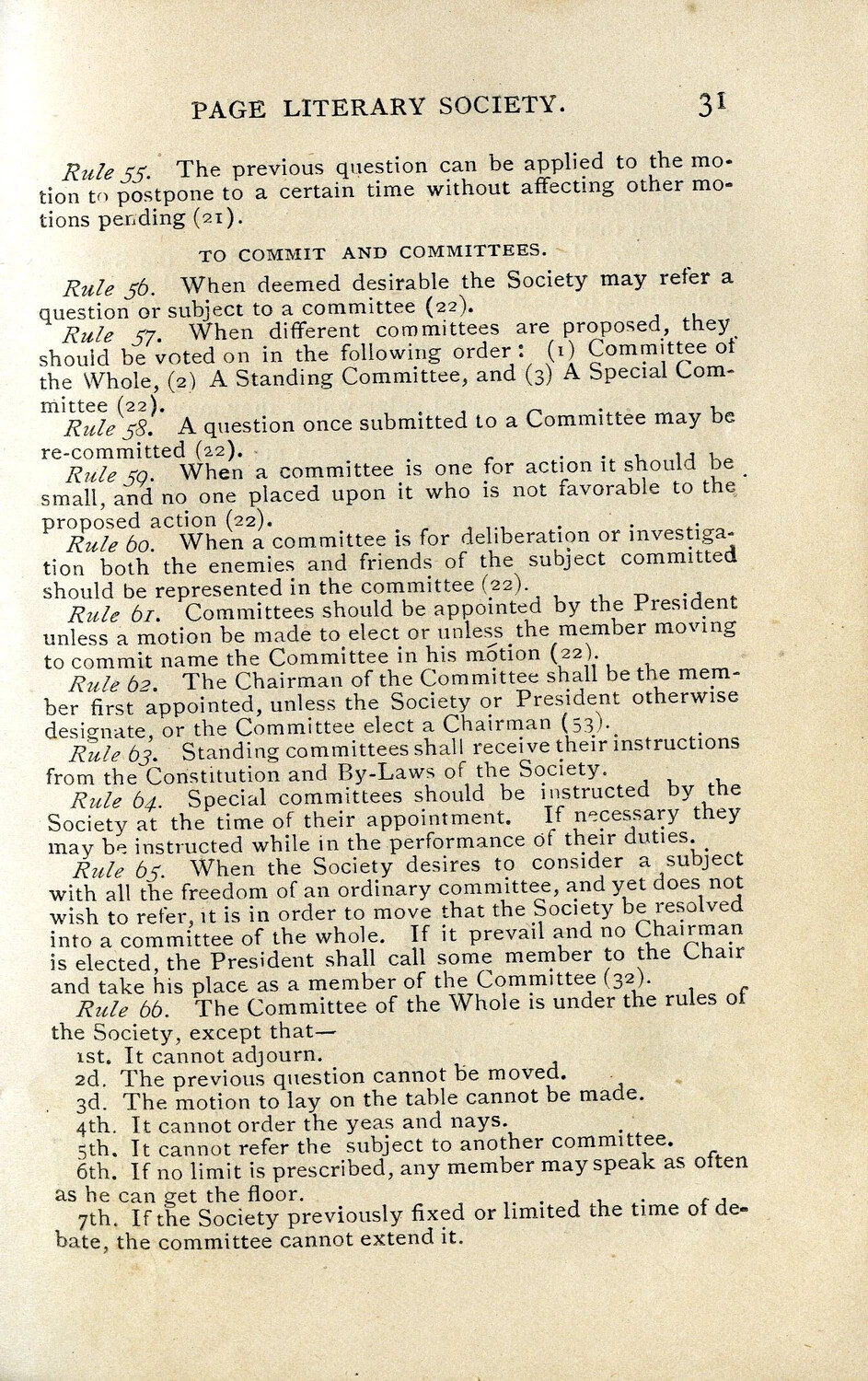 Page 31 of the 'Page Literary Society' Rule Book — Rules on Committees
