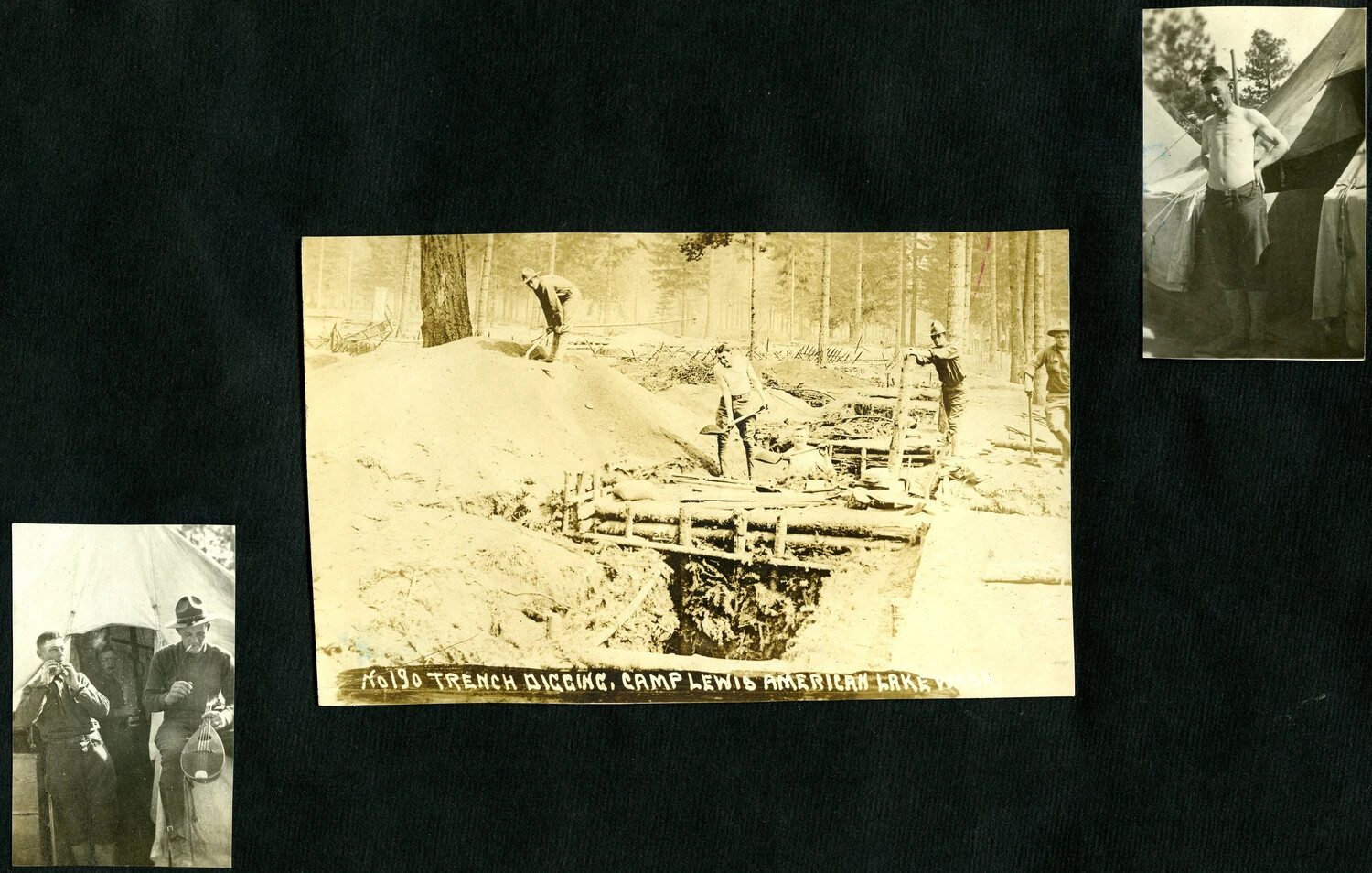 World War I Photo Album Page: Trench Digging Training and Camp Life at Camp Lewis, American Lake, Washington