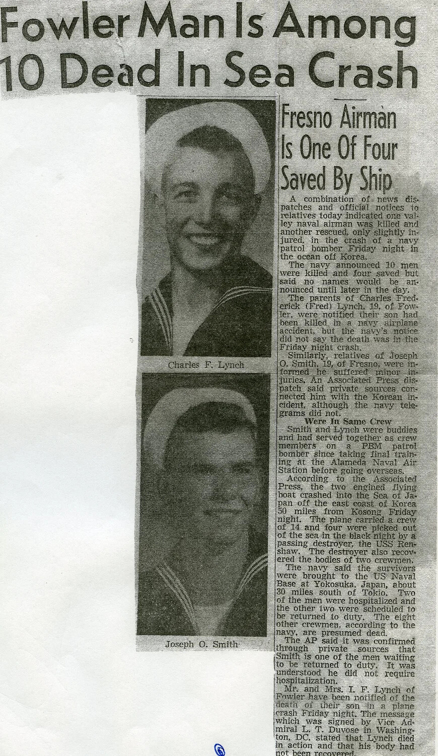 Newspaper Clipping: 'Fowler Man Is Among 10 Dead In Sea Crash' — PBM Patrol Bomber Crash Off Korea