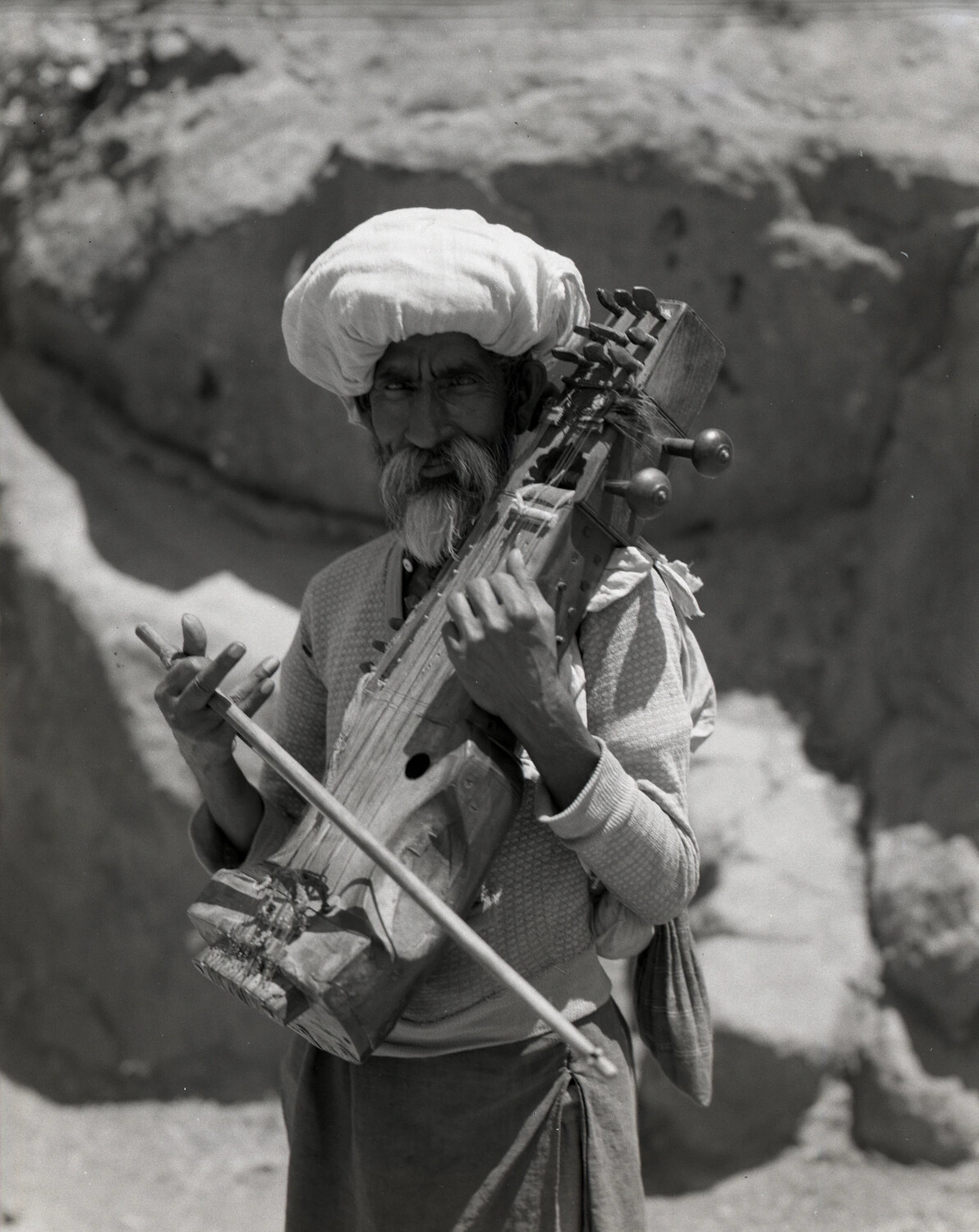 Portrait of an Elderly Musician Playing a Bowed Folk Fiddle, South/Central Asian Frontier Region (Kotec Collection)