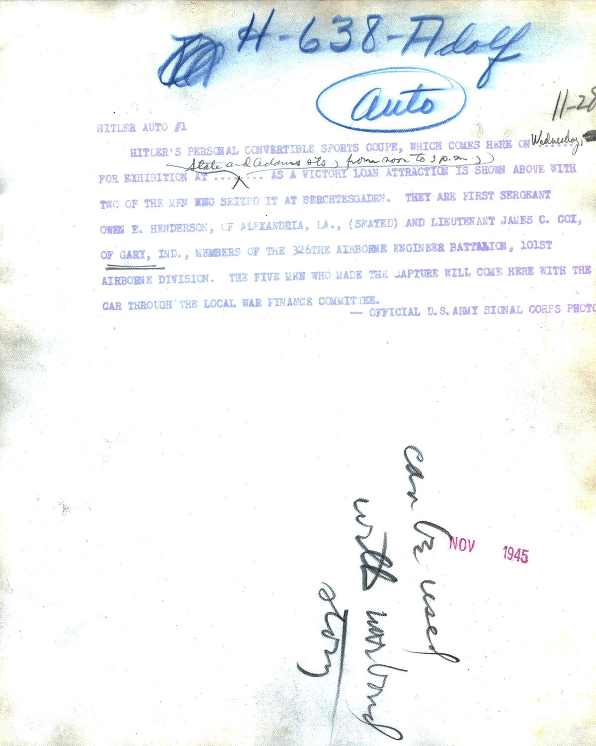 Verso Caption Sheet for 'Hitler Auto #1' Press Photograph, Victory Loan Exhibition, November 1945