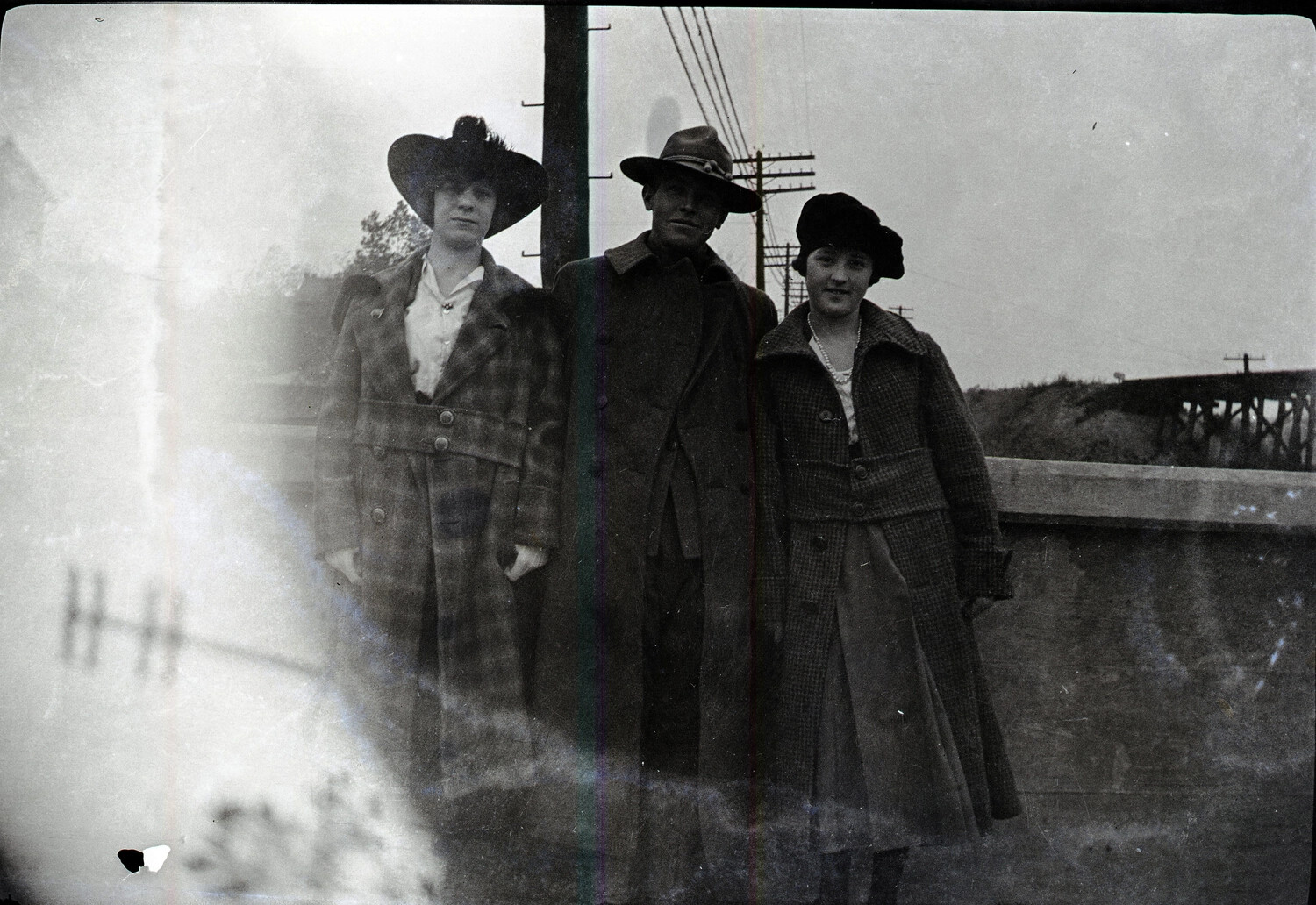Three Figures Posed Roadside, WWI Scott Field-England Negatives Collection