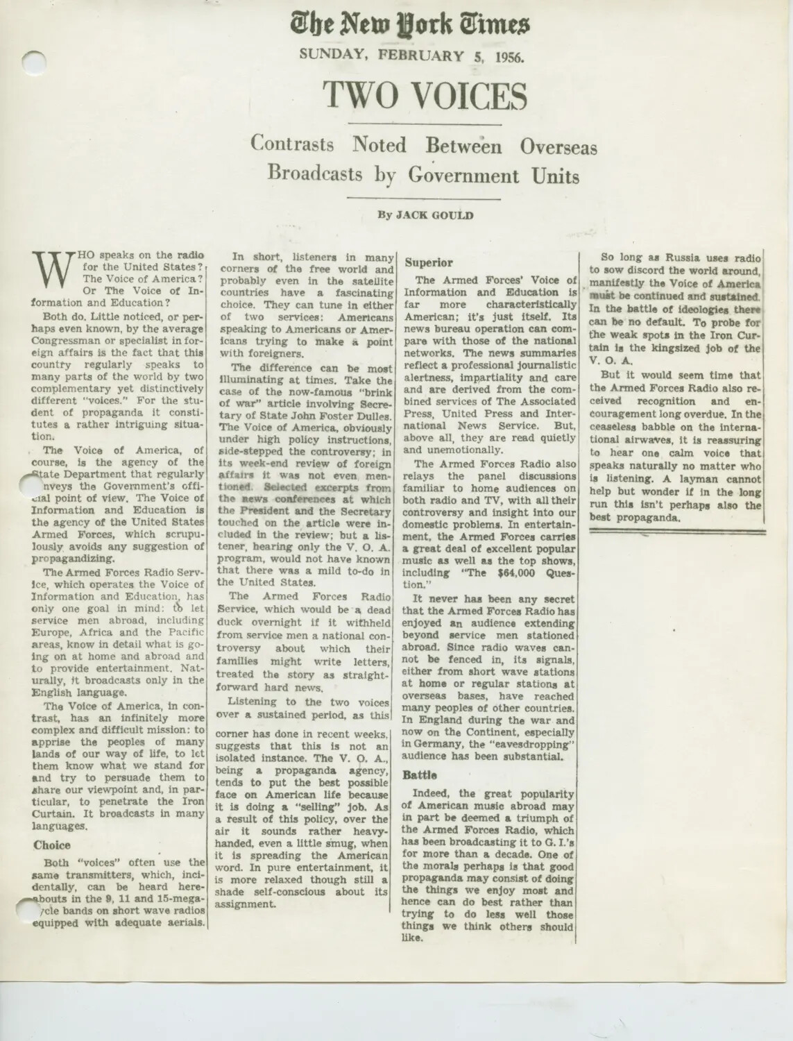 New York Times Clipping, "Two Voices" by Jack Gould, February 5, 1956 (AFRTS Archive)