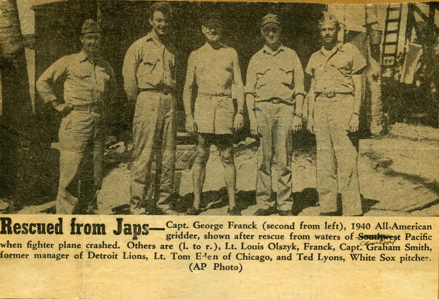 'Rescued from Japs' - AP Wire Photo Newspaper Clipping Featuring Capt. George Franck and Fellow Servicemen, WWII Pacific Theater