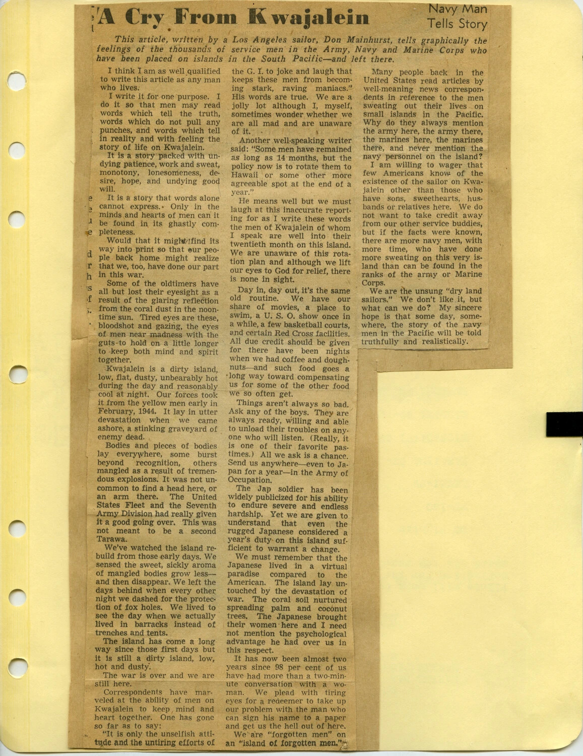 Newspaper Clipping: "A Cry From Kwajalein" — Navy Man Tells Story