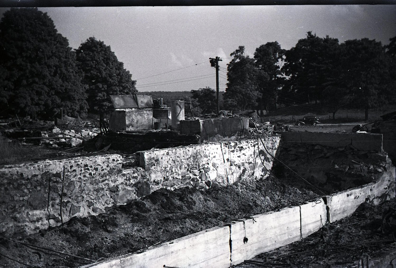Farm Ruins with Distant Parked Sedan on Access Road, Dairy Farm Fire Site, c. 1940s