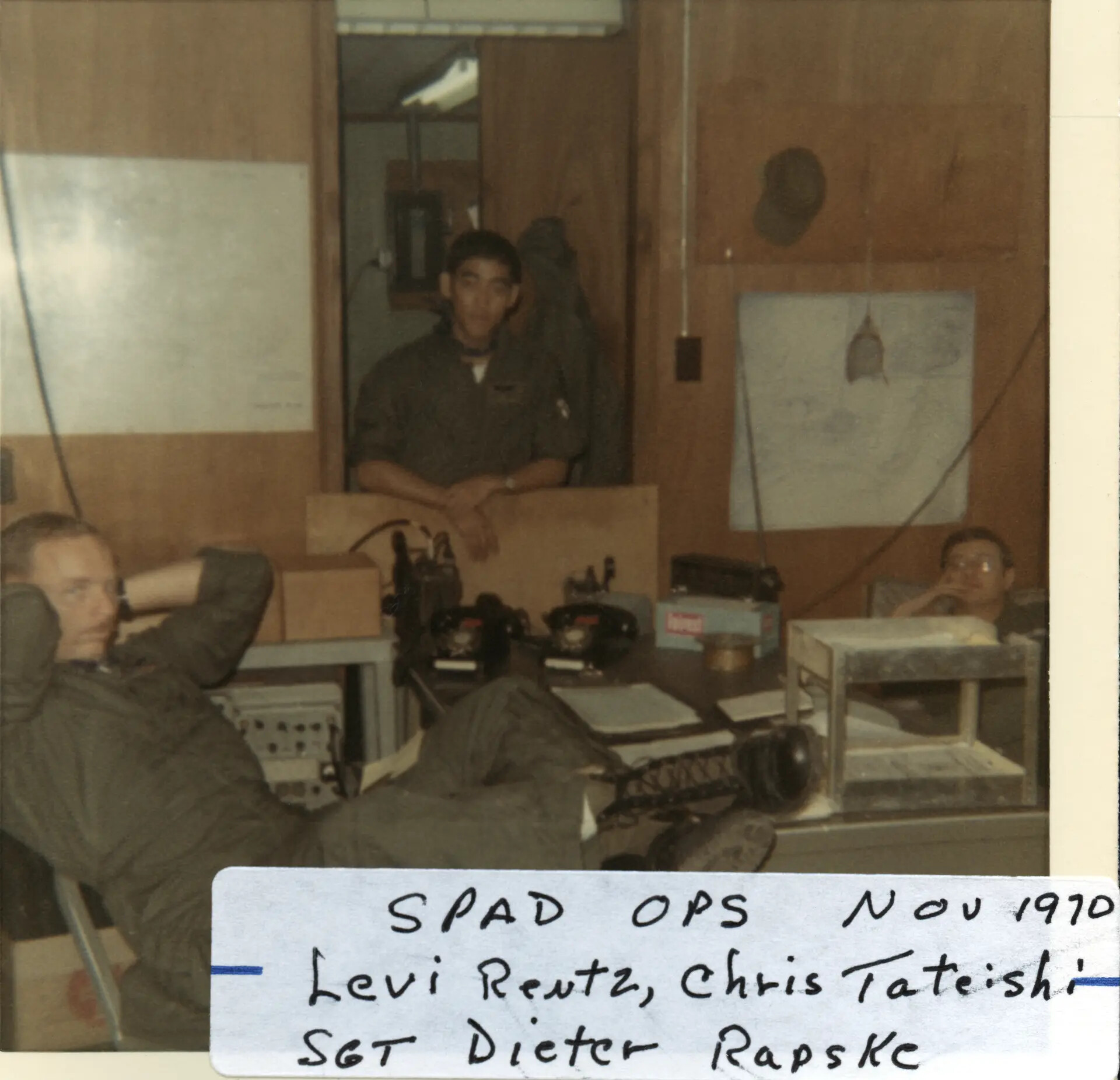 A-1 Skyraider ('Spad') Squadron Operations Hut, November 1970 — Levi Rentz, Chris Tateishi, SGT Dieter Rapske