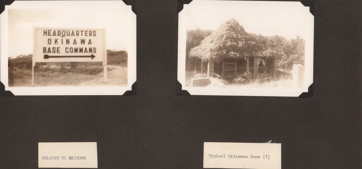 Photo Album Page: "Welcome to Okinawa" Headquarters Sign and Typical Okinawan Home