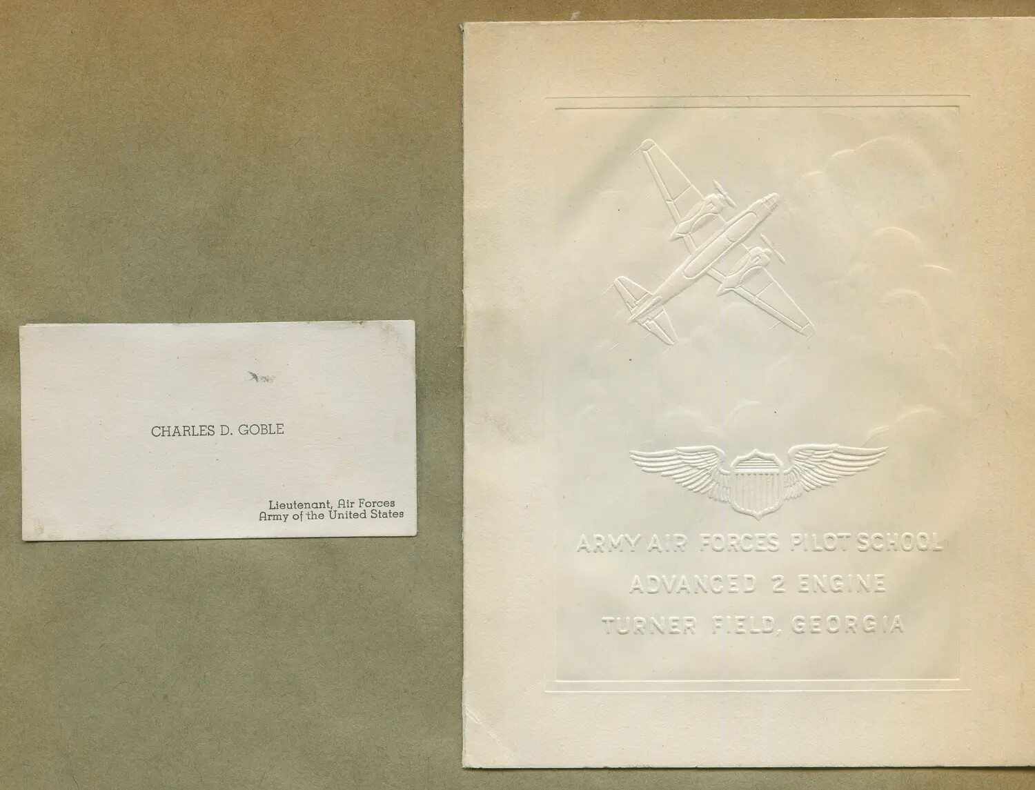 Calling Card and Embossed Graduation Booklet Cover, Lt. Charles D. Goble, AAF Pilot School (Advanced Two-Engine), Turner Field, Georgia