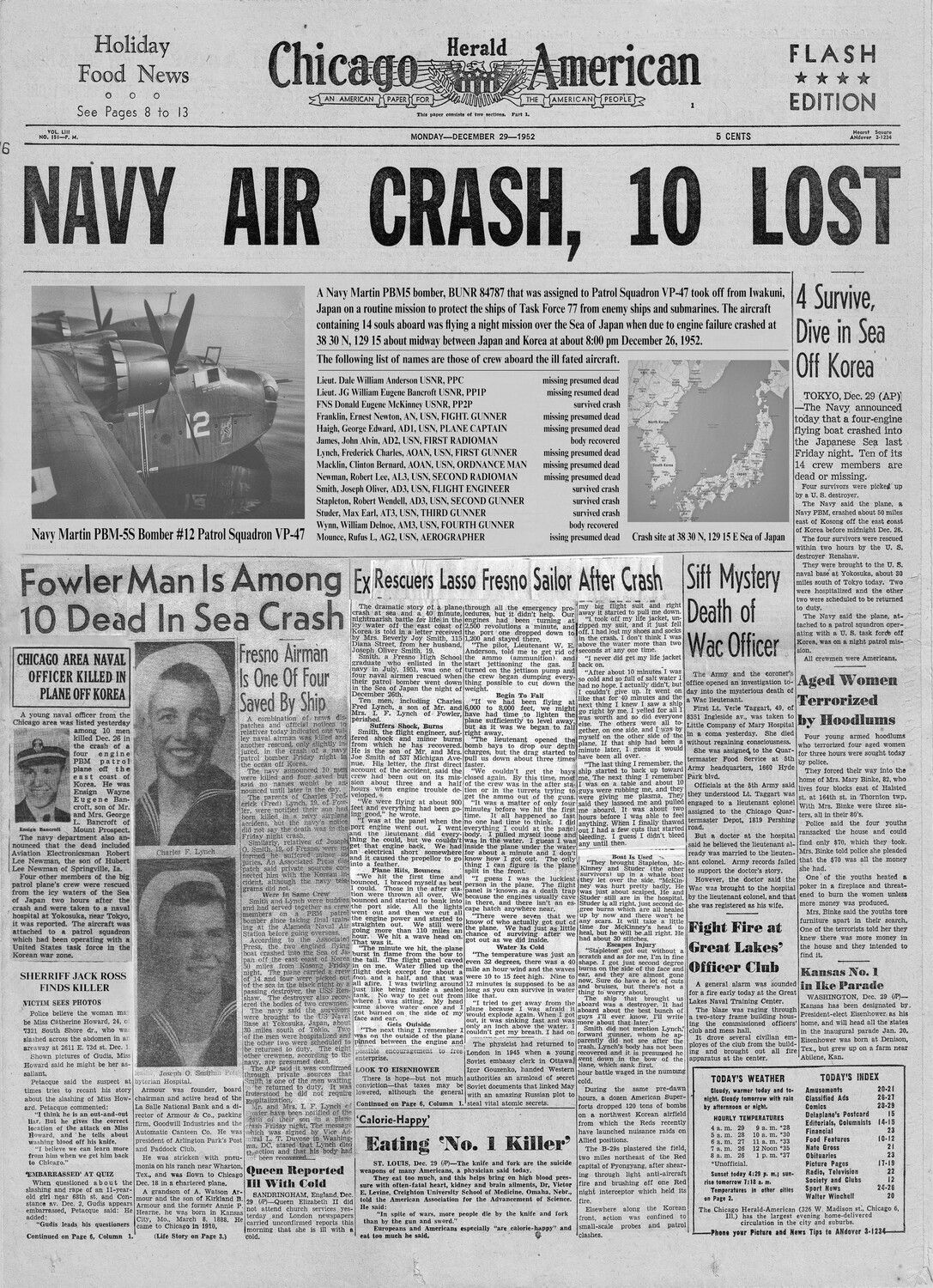Chicago Herald American Front Page, December 29, 1952: 'Navy Air Crash, 10 Lost' (Lt. J.G. William E. Bancroft, USNR)