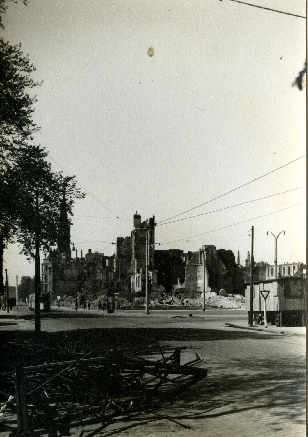 Bomb-Damaged City Street and Church Ruins, Northern Germany, WWII Aftermath